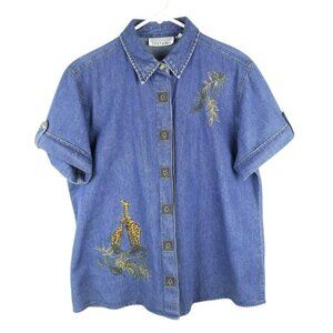 Womens Denim Shacket Jacket Giraffe Embroidered Short Sleeve Size Large  JH912